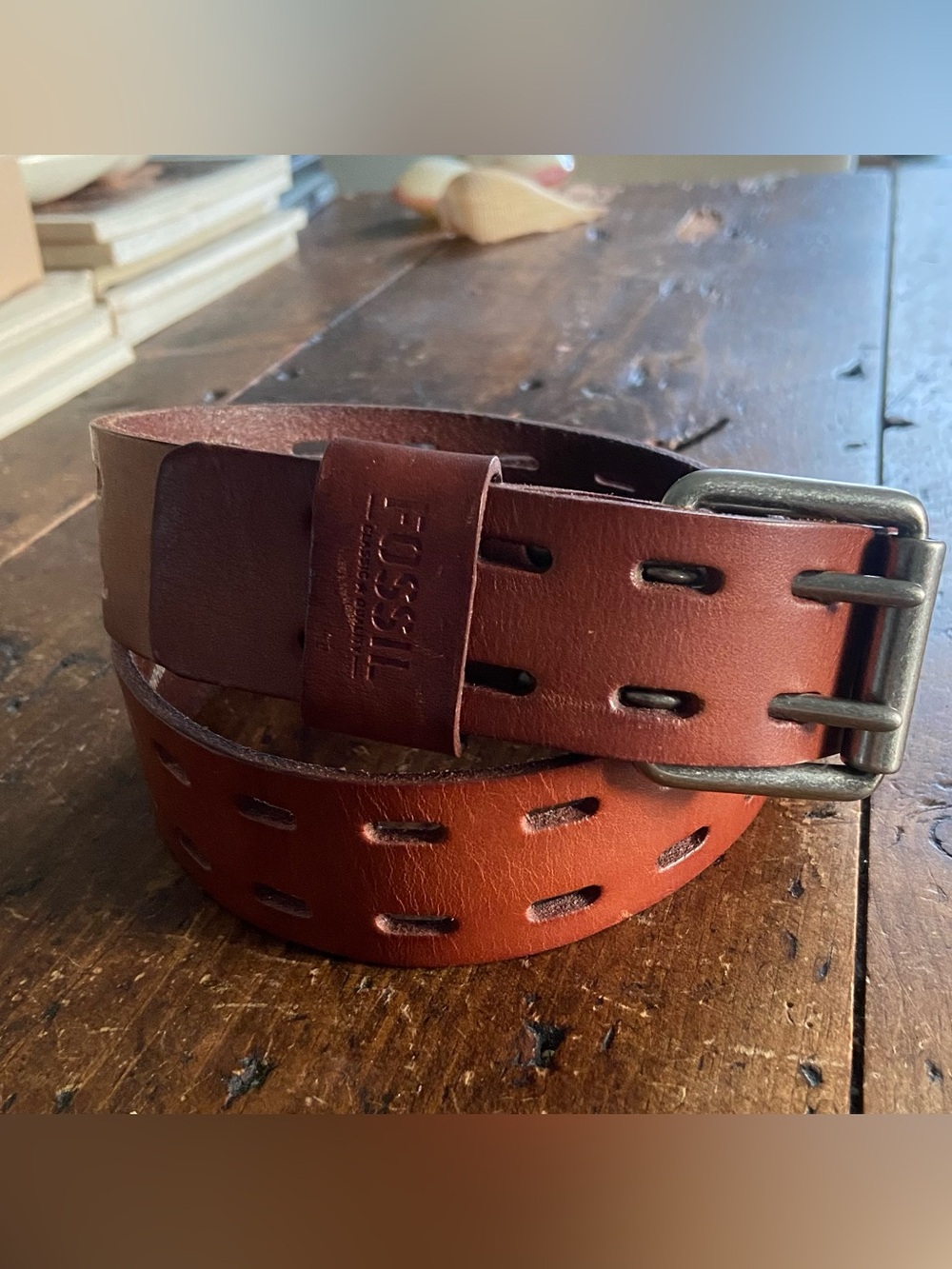 Vintage Fossil Belt Leather Buckle Size 32 Full Grain Cowhide Brown Double Prong